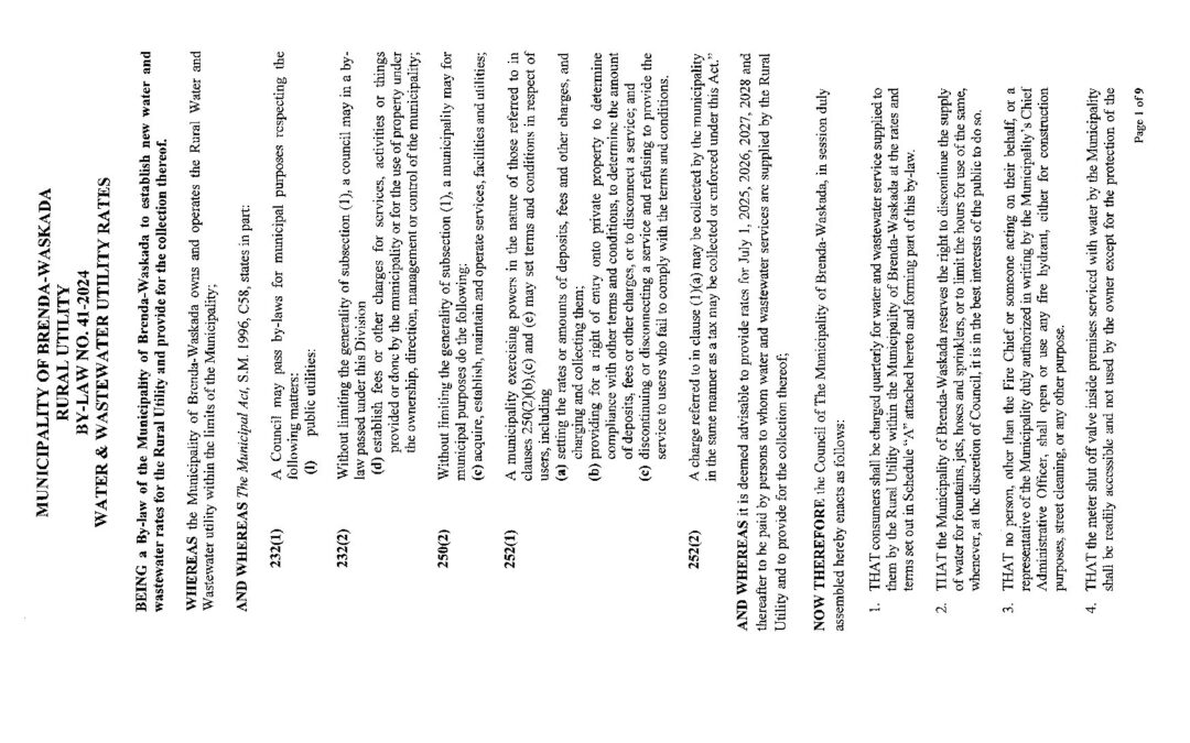 By-Law #41 Water and Wastewater Utility Rates- Rural Utility